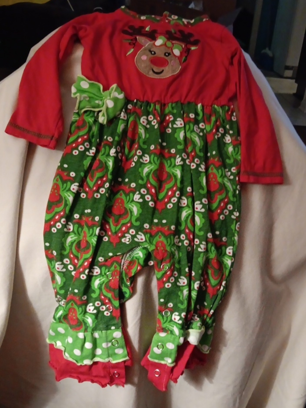 Ann Loren Red & Green Reindeer Print Holiday One Piece
